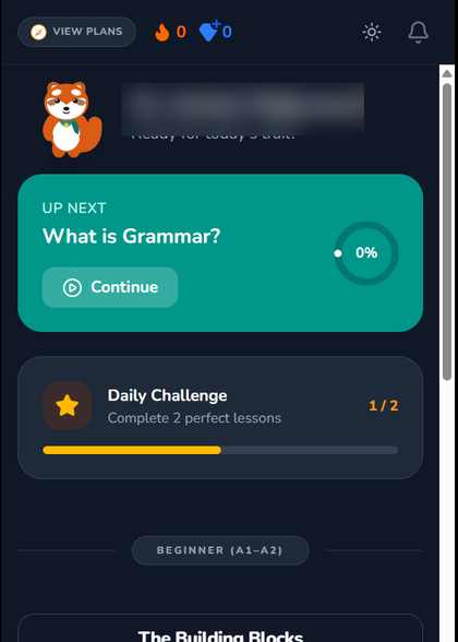 GrammarScout logged-in dashboard showing next lesson and daily challenge progress with the learner name blurred.
