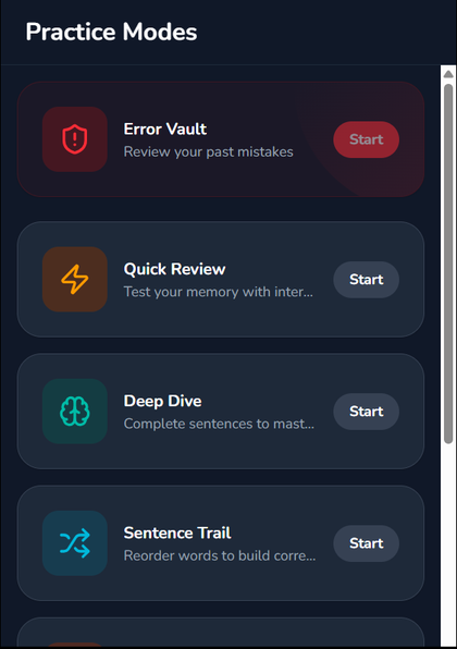 GrammarScout practice modes screen showing review, deep dive, sentence trail, and other learning actions.