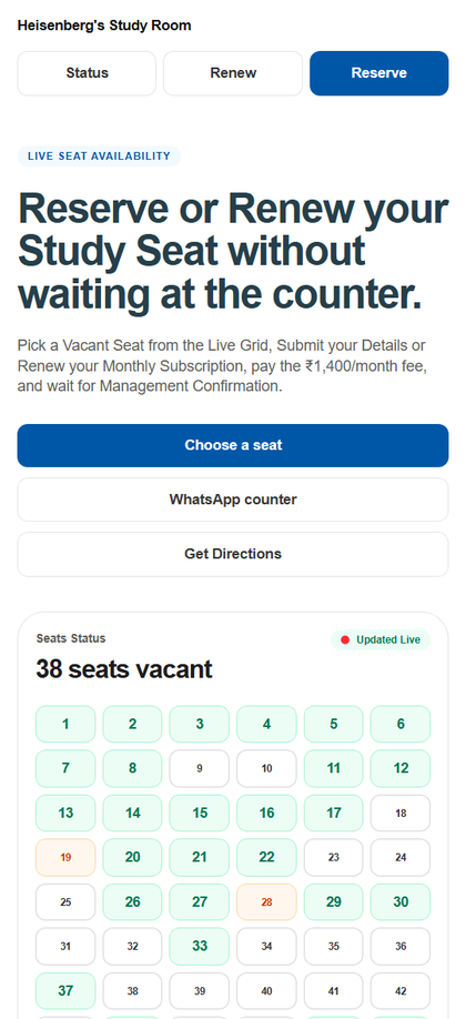 Mobile booking page showing Heisenberg's Study Room reservation buttons and a live seat availability grid.